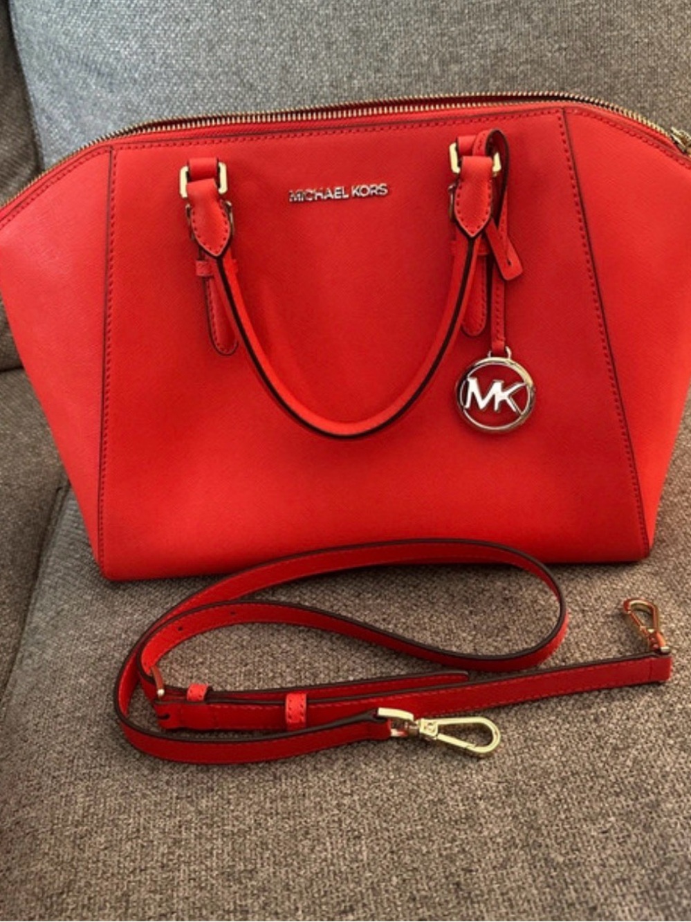 Michael Kors Red Saffiano Dome Satchel with Detachable Strap